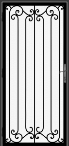 Traditional style wrought iron security door with heavy-duty steel screen.